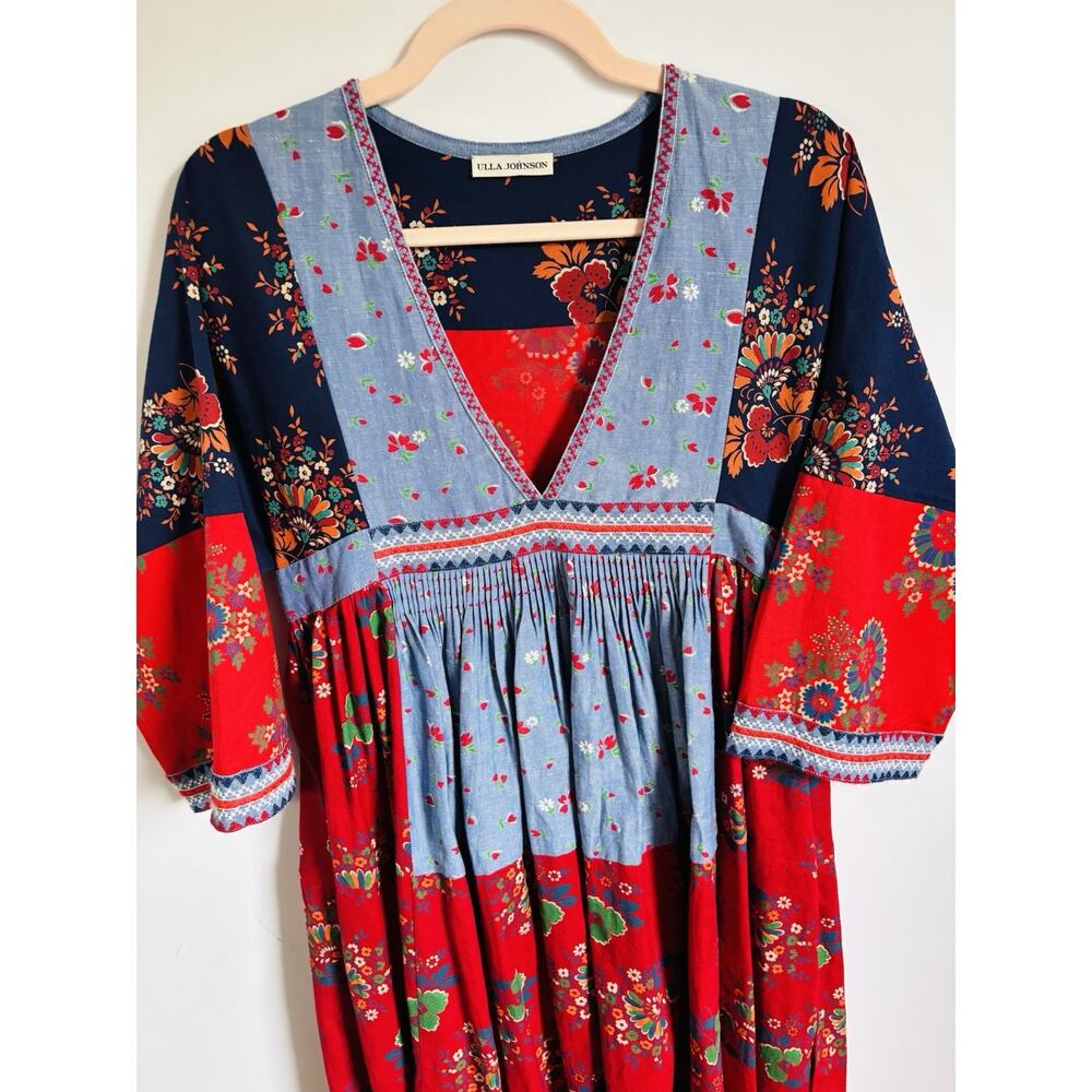Ulla Johnson Milena Dress Patchwork Cotton/Linen V-neck Midi Size 2 - Picture 6 of 10
